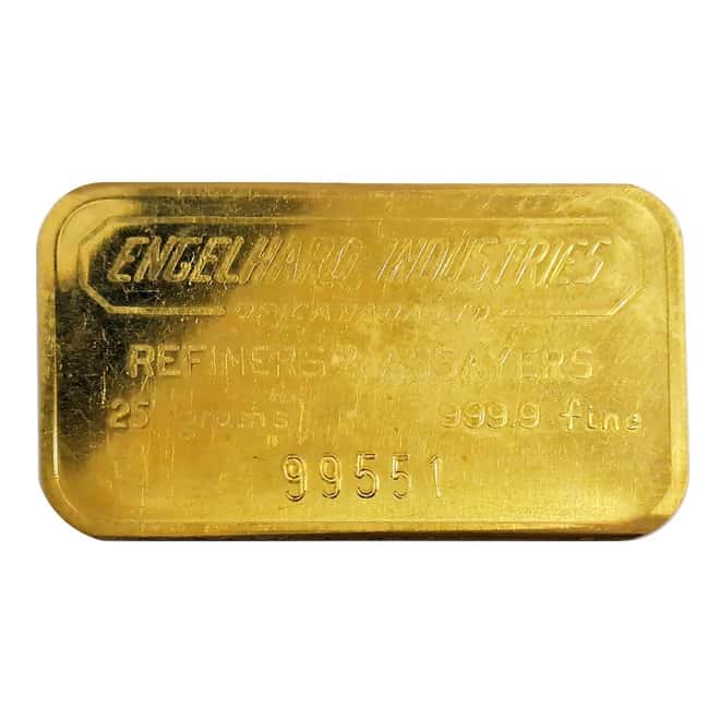 25 Gram Engelhard Industries Vintage Gold Bar .9999 Fine