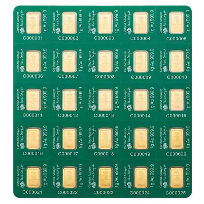 25 x 1 Gram PAMP Suisse Diwali Lakshmi Gold Bar .9999 Fine Multigram+25 (Rangoli Assay)