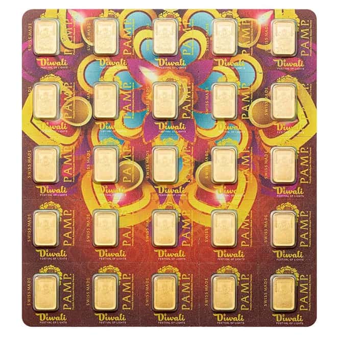 25 x 1 Gram PAMP Suisse Diwali Lakshmi Gold Bar .9999 Fine Multigram+25 (Rangoli Assay)