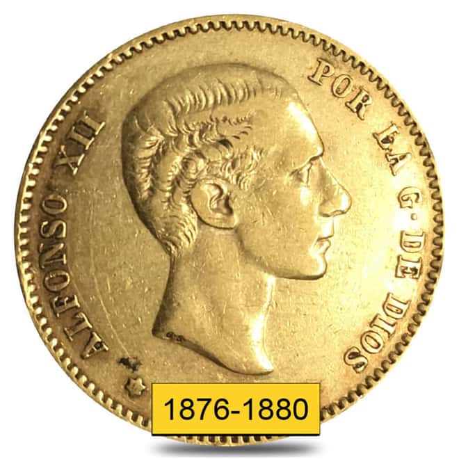 1876-1880 Spain 25 Pesetas Alfonso XII Gold Coin Avg Circ (Random Year)