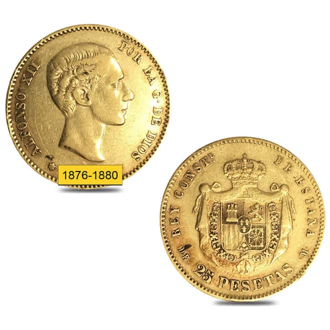 1876-1880 Spain 25 Pesetas Alfonso XII Gold Coin Avg Circ (Random Year)