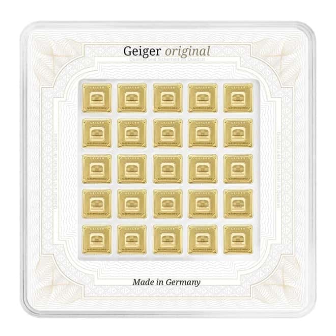 25 x 1 gram Geiger Original Square Gold Bar Multicard .9999 Fine (In Assay)