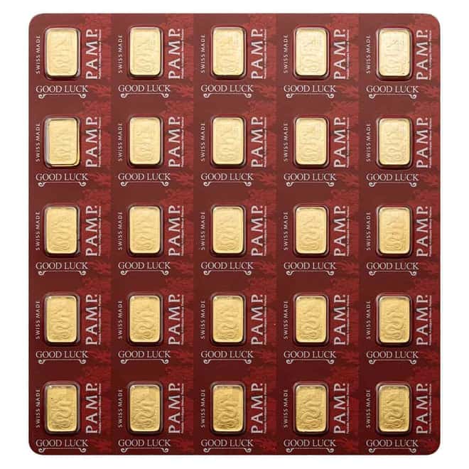 25 x 1 Gram PAMP Suisse Good Luck Yellow Dragon Gold Bar .9999 Fine Multigram+25 (in Assay)