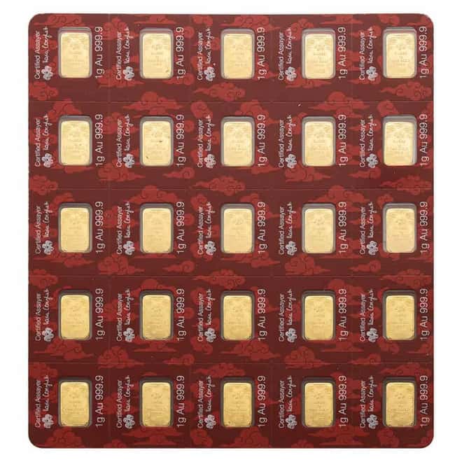 25 x 1 Gram PAMP Suisse Good Luck Yellow Dragon Gold Bar .9999 Fine Multigram+25 (in Assay)