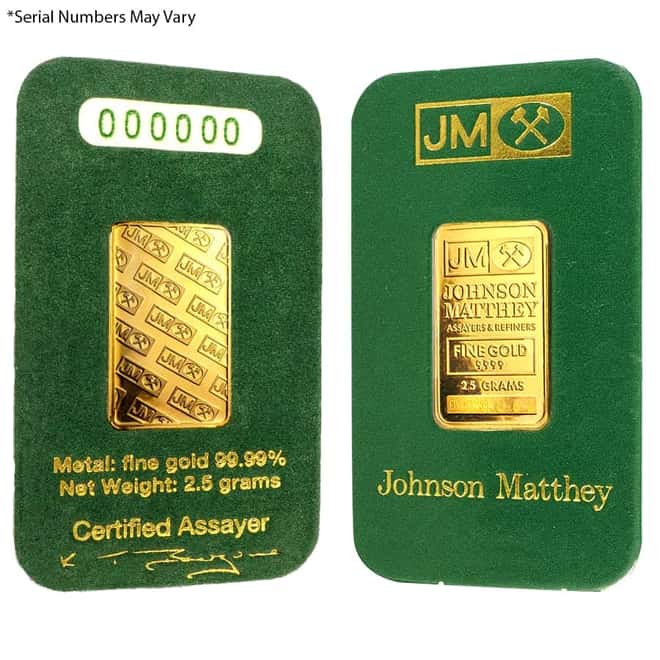 2.5 gram Johnson Matthey Gold Bar .9999 Fine (In Assay)