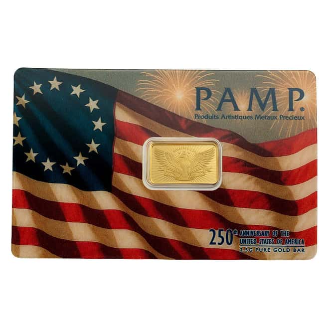 2.5 Gram PAMP Suisse 250th Anniversary of the USA Gold Bar .9999 Fine (in Assay)
