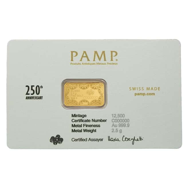 2.5 Gram PAMP Suisse 250th Anniversary of the USA Gold Bar .9999 Fine (in Assay)
