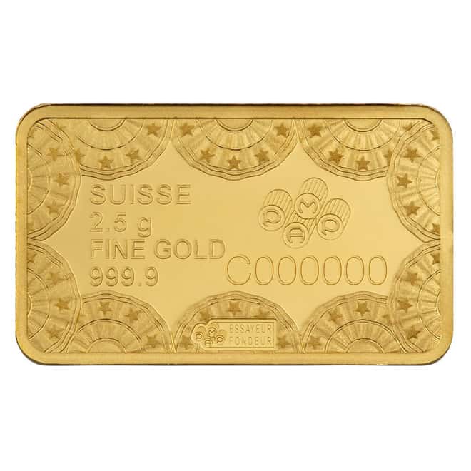 2.5 Gram PAMP Suisse 250th Anniversary of the USA Gold Bar .9999 Fine (in Assay)