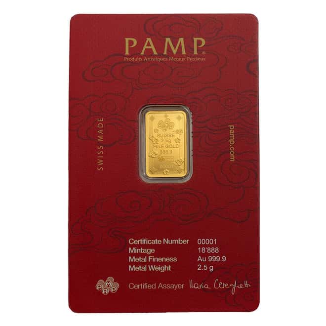 2.5 Gram PAMP Suisse Lucky Cat Gold Bar .9999 Fine (in Assay)
