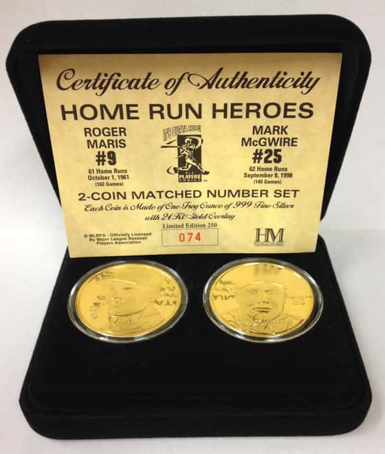 Roger Maris&Mark McGwire Highland Mint Fine Silver Ltd Edition Commemorative Medallion COA