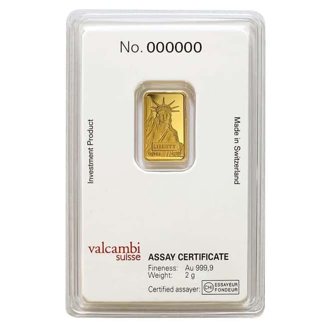 2 gram Credit Suisse Statue of Liberty Gold Bar .9999 Fine (In Assay)