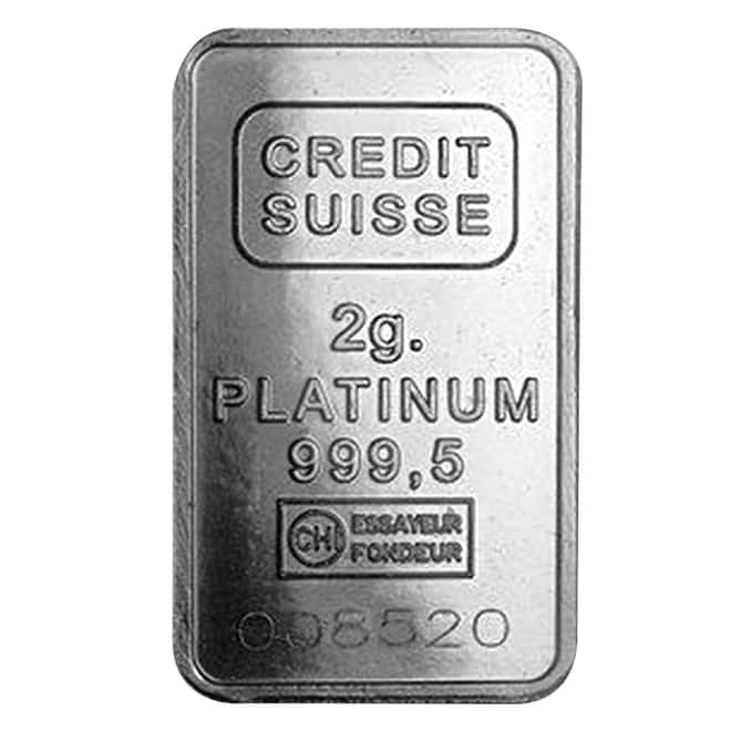 2 gram Credit Suisse Statue of Liberty Platinum Bar .9995 Fine (In Assay)