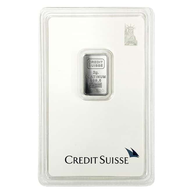 2 gram Credit Suisse Statue of Liberty Platinum Bar .9995 Fine (In Assay)