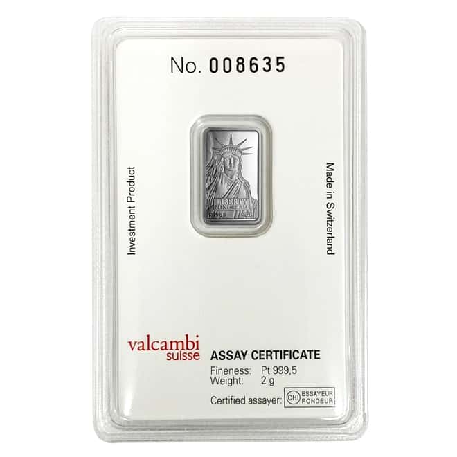 2 gram Credit Suisse Statue of Liberty Platinum Bar .9995 Fine (In Assay)