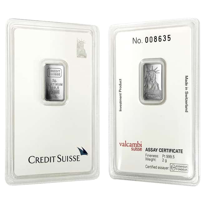 2 gram Credit Suisse Statue of Liberty Platinum Bar .9995 Fine (In Assay)