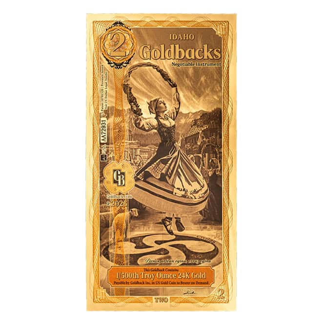 2 Idaho Goldback 1/500 oz 24K Gold Foil Aurum Note