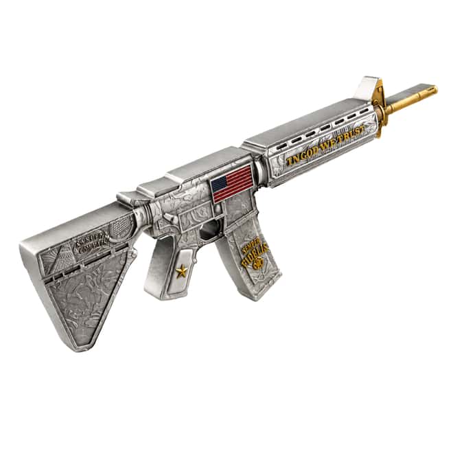 2 oz M16 Style Rifle Shaped Silver .999 Fine Antiqued Finish