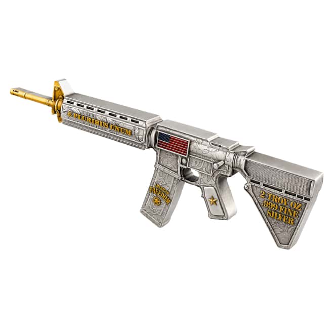 2 oz M16 Style Rifle Shaped Silver .999 Fine Antiqued Finish