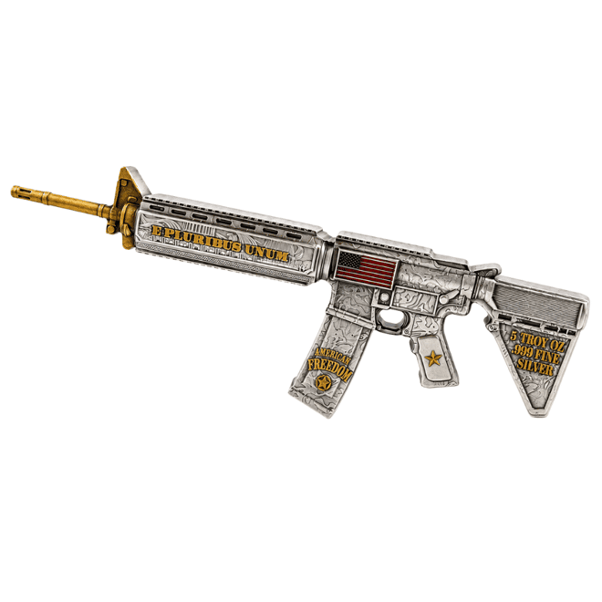 5 oz M16 Style Rifle Shaped Silver .999 Fine Antiqued Finish