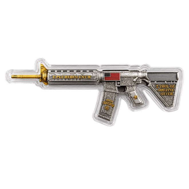 2 oz M16 Style Rifle Shaped Silver .999 Fine Antiqued Finish