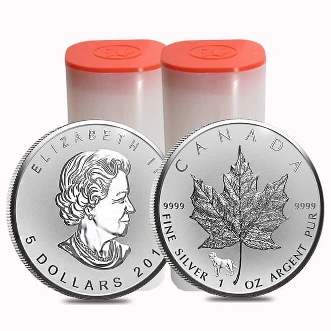 Lot of 50 - 2018 1 oz Silver Canadian Maple Leaf Lunar Dog Privy .9999 Fine $5 Coin BU (2 Roll,Tube of 25)