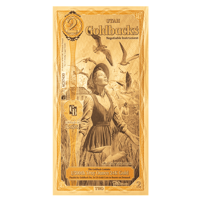 2 Utah Goldback 1/500 oz 24K Gold Foil Aurum Note (New Design)