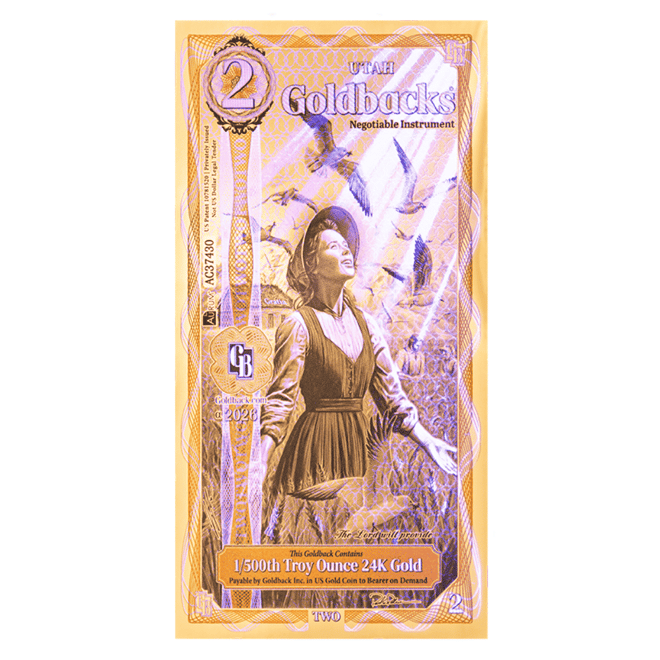 2 Utah Goldback 1/500 oz 24K Gold Foil Aurum Note (New Design)