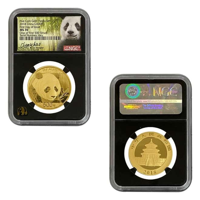 2018 1.83 oz Chinese Gold Panda 5-Coin Set NGC MS 70 FDOI (Retro, Cheng Chao Sign)
