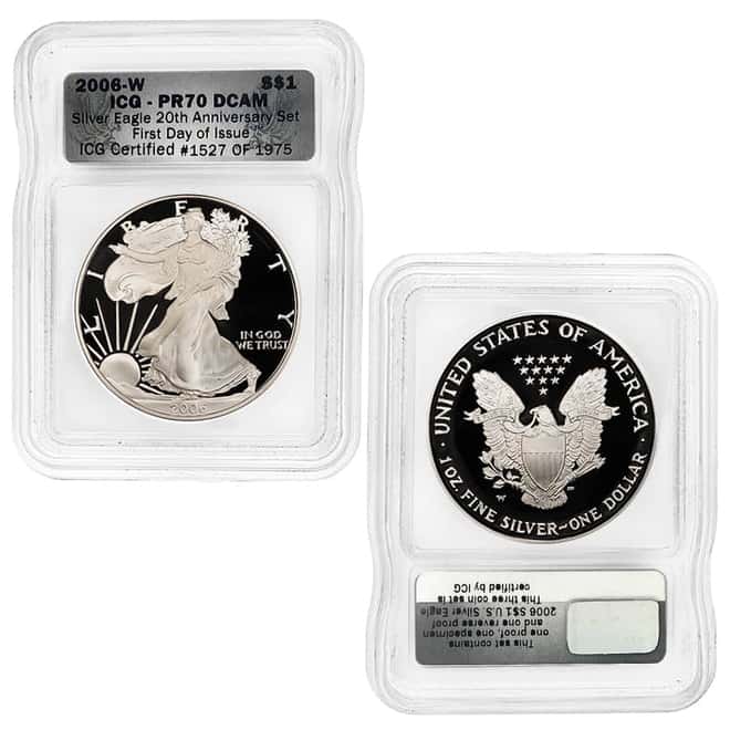 2006 W / P Silver American Eagle 3-Coin Set ICG MS / PF 70 FDOI (20th Anniversary)