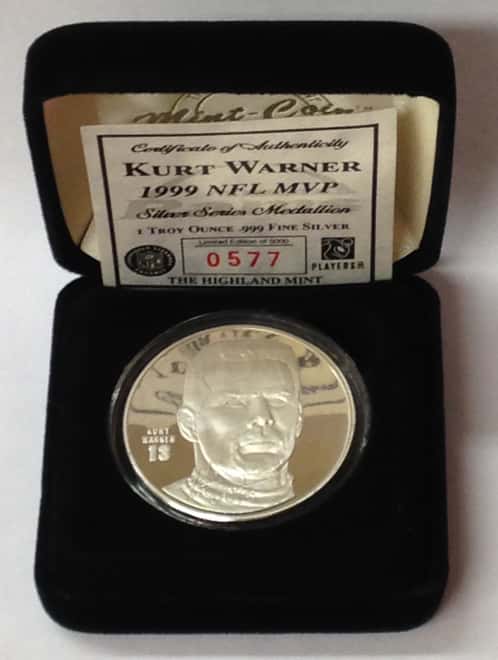 Kurt Warner Highland Mint 1 oz .999 Fine Silver Limited Edition Commemorative Medallion w/ COA