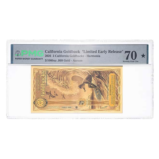 3 California Goldback 3/1000 oz 24K Gold Foil Aurum Note PMG 70 ER