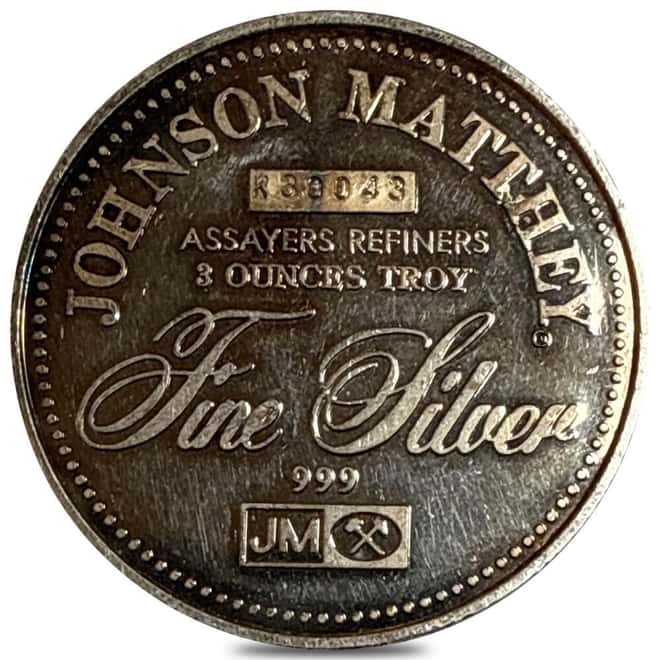 3 oz Johnson Matthey JM Focus Medalist Vintage Silver Round .999 Fine