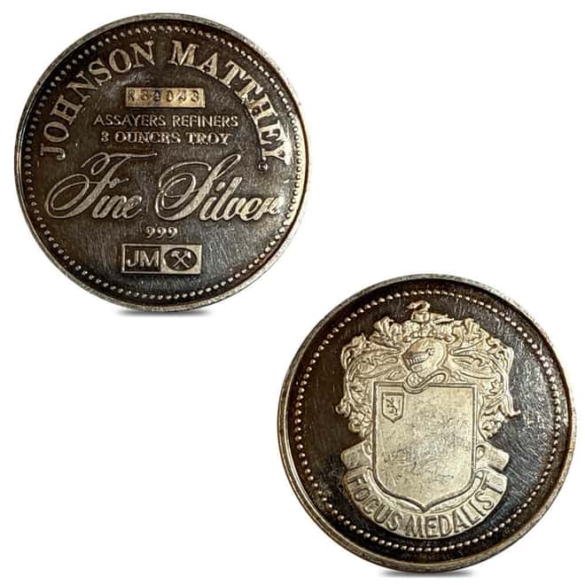 3 oz Johnson Matthey JM Focus Medalist Vintage Silver Round .999 Fine