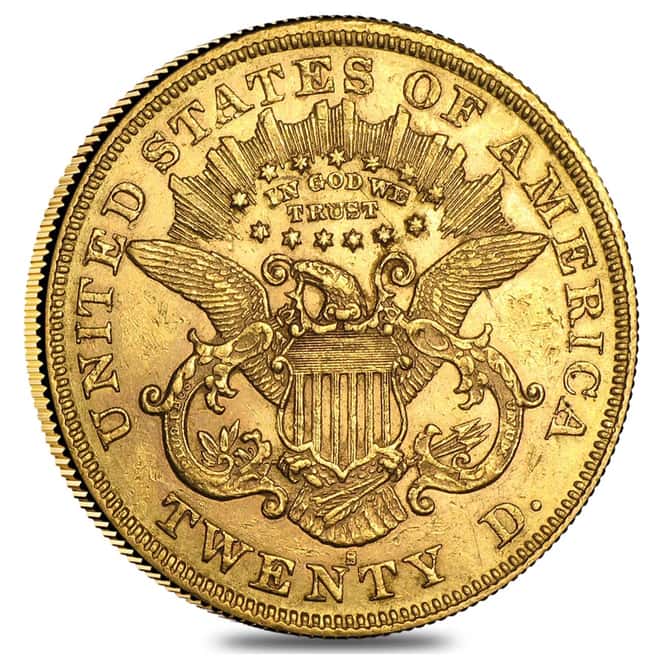 $20 Gold Double Eagle Liberty Head Type II - Very Fine VF (Random Year, 1866-1876)