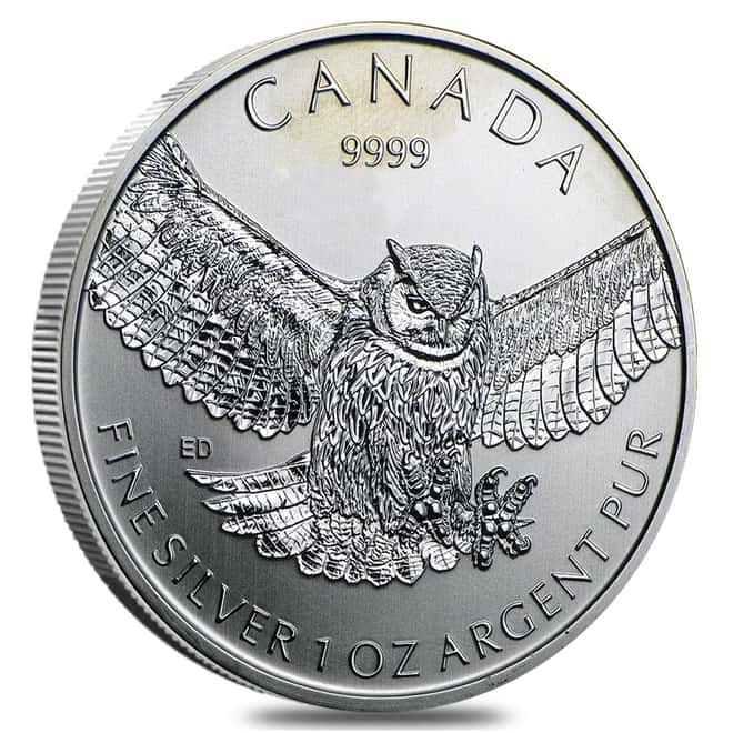 2015 1 oz Silver Canadian Great Horned Owl - Birds of Prey Series (Milk Spots, Damaged)