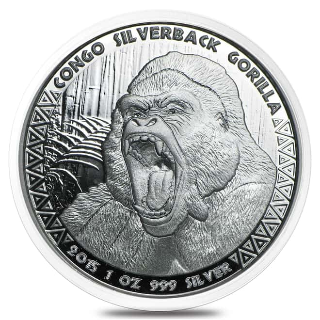 2015 1 oz Silver Congo Silverback Gorilla Coin .999 Fine Prooflike In Cap