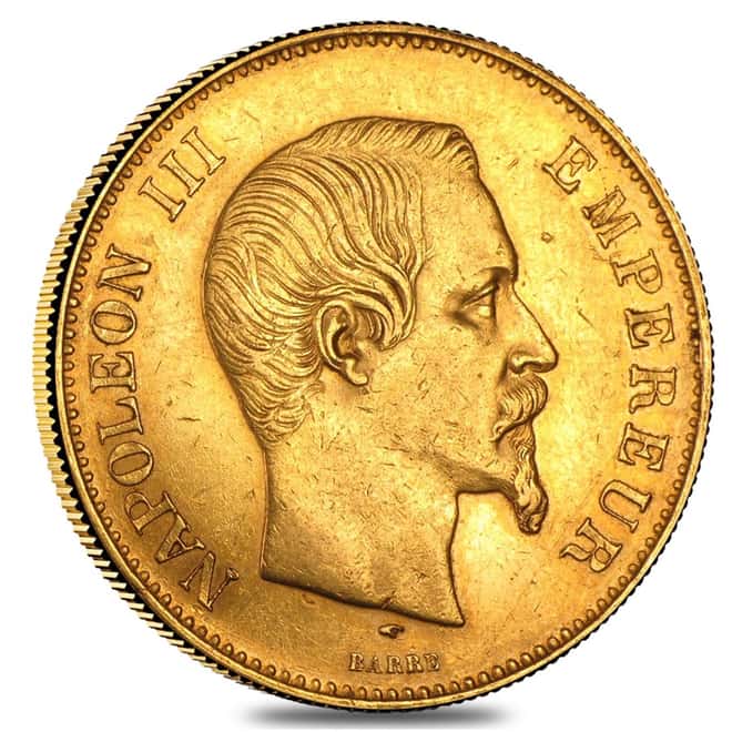 100 Francs French Gold Napoleon III AU AGW .9334 (1855-1859, Random Year)