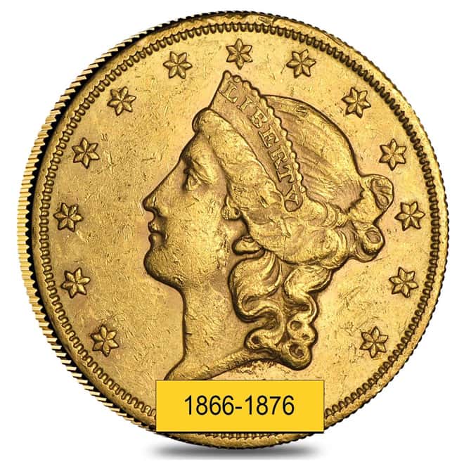 $20 Gold Double Eagle Liberty Head Type II - Very Fine VF (Random Year, 1866-1876)