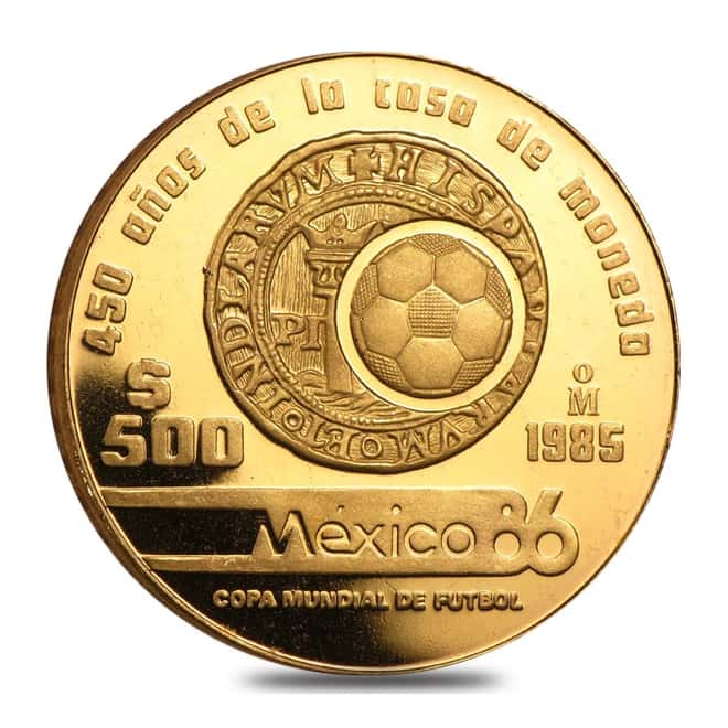 1985 Mexico 500 Peso 1/2 oz Proof Gold World Cup/450th Anniversary Coin