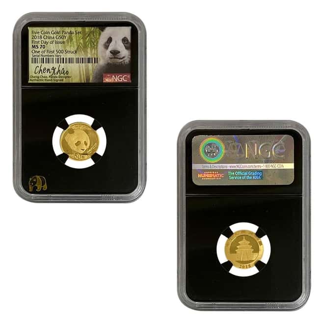 2018 1.83 oz Chinese Gold Panda 5-Coin Set NGC MS 70 FDOI (Retro, Cheng Chao Sign)