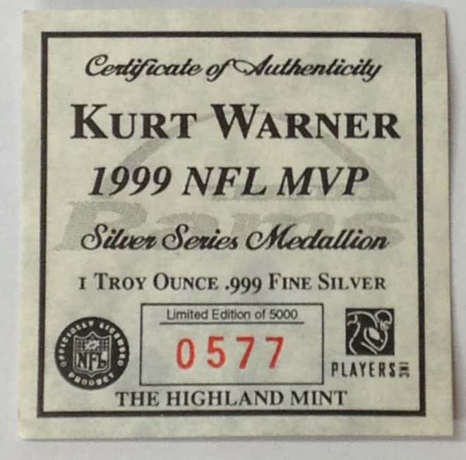 Kurt Warner Highland Mint 1 oz .999 Fine Silver Limited Edition Commemorative Medallion w/ COA
