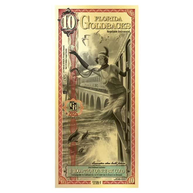 10 Florida Goldback 1/100 oz 24K Gold Foil Aurum Note