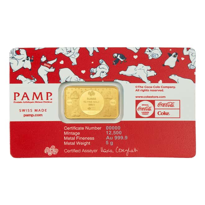 5 Gram PAMP Suisse Coca-Cola® Holiday Polar Bears Gold Bar (Northern Lights Assay)