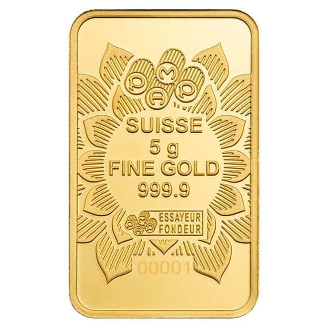 5 Gram PAMP Suisse Diwali Lakshmi & Sacred Elephant Gold Bar .9999 Fine (in Assay)