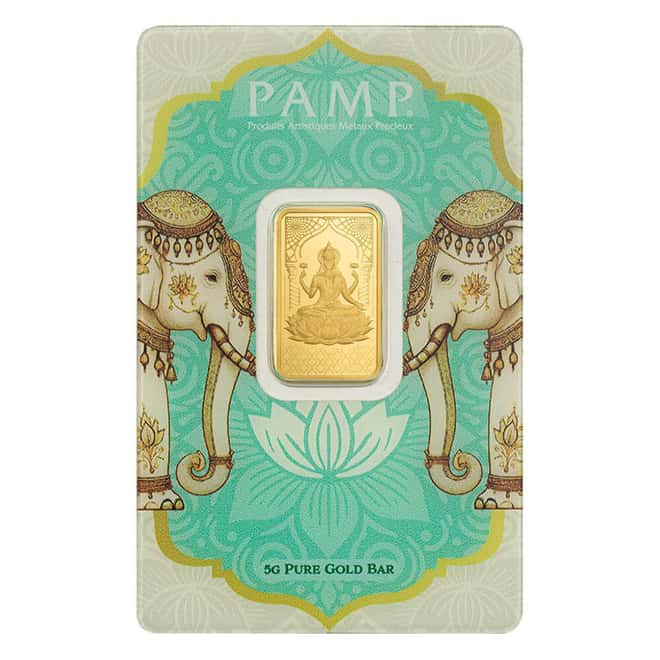 5 Gram PAMP Suisse Diwali Lakshmi & Sacred Elephant Gold Bar .9999 Fine (in Assay)
