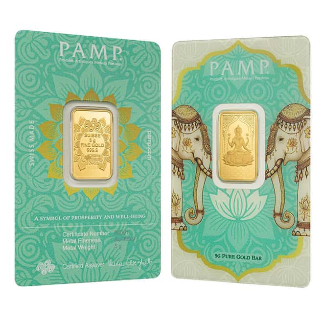 5 Gram PAMP Suisse Diwali Lakshmi & Sacred Elephant Gold Bar .9999 Fine (in Assay)