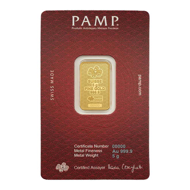 5 Gram PAMP Suisse Koi Fish Gold Bar .9999 Fine (in Assay)