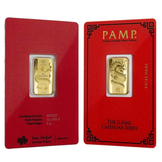 5 Gram PAMP Suisse Year of the Dragon Gold Bar (in Assay)