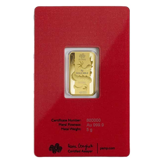 5 Gram PAMP Suisse Year of the Dragon Gold Bar (in Assay)