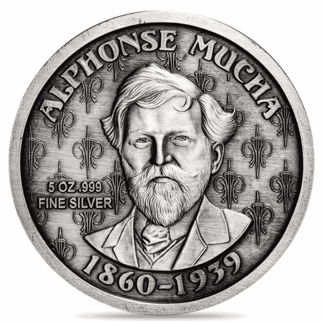 5 oz Mucha Collection Antiqued Silver Round .999 Fine (Random Design)